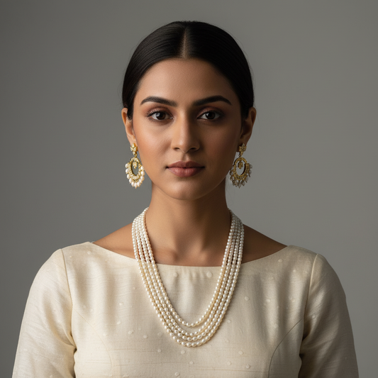 4 Layer White Pearls Necklace with chandballis