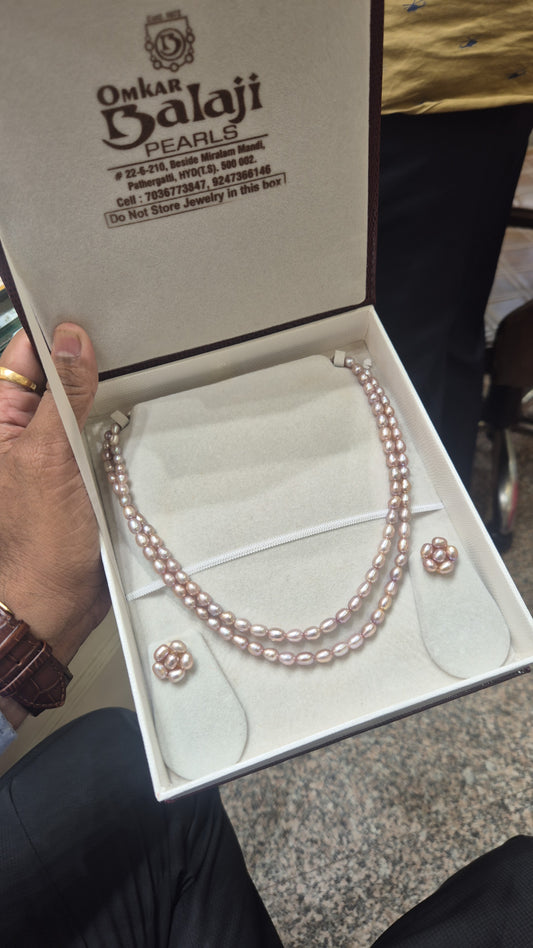 Pink Double Layer Oval Pearls Set With Flower Earrings