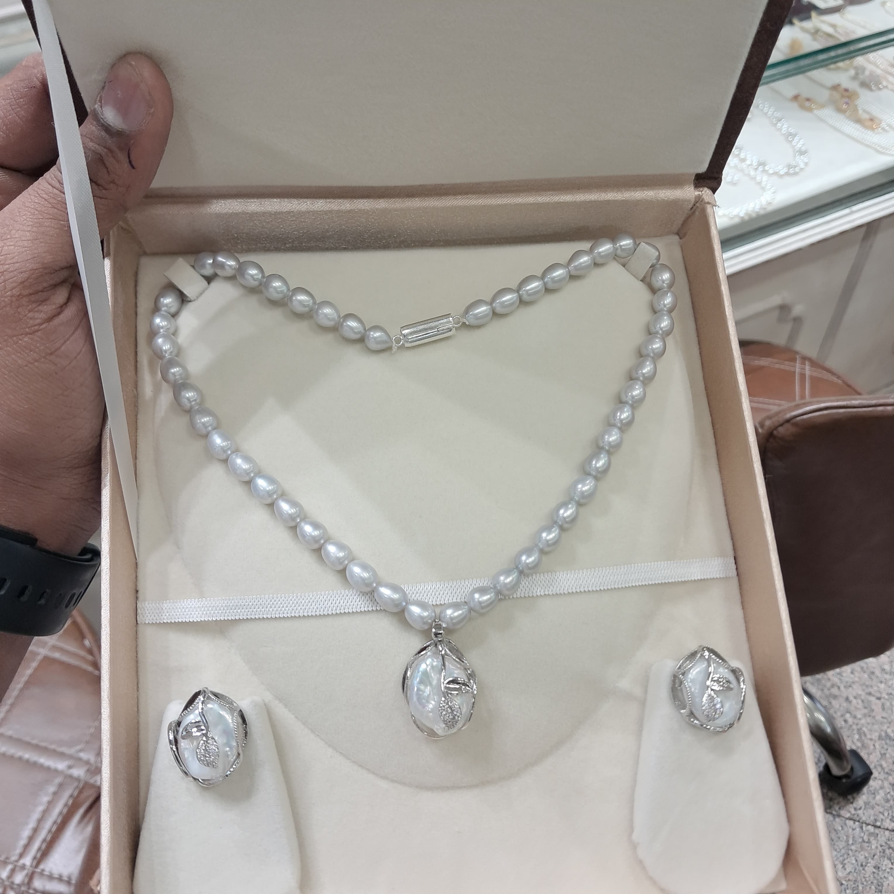 Barque Locket With Grey Pearls Set