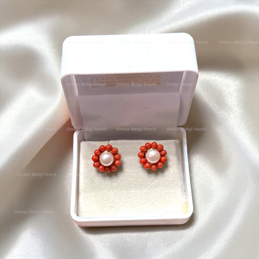 🌺 Real Taiwan Coral & Natural Pearl Stud Earrings 🌺