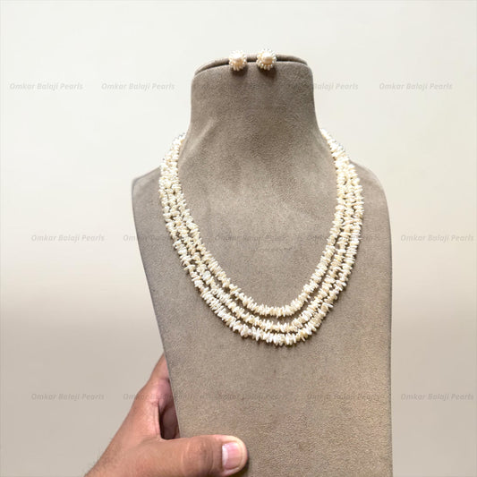 Elegant 3-Line Cornflake Pearl Necklace Set with Matching Earrings (Certified & Authentic)