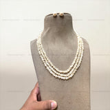 Elegant 3-Line Cornflake Pearl Necklace Set with Matching Earrings (Certified & Authentic)