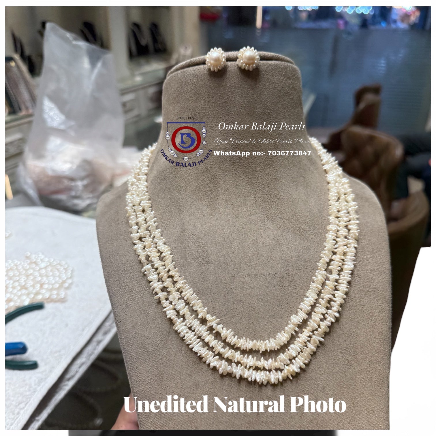 Elegant 3-Line Cornflake Pearl Necklace Set with Matching Earrings (Certified & Authentic)