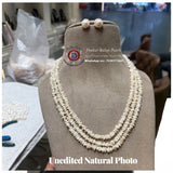 Elegant 3-Line Cornflake Pearl Necklace Set with Matching Earrings (Certified & Authentic)