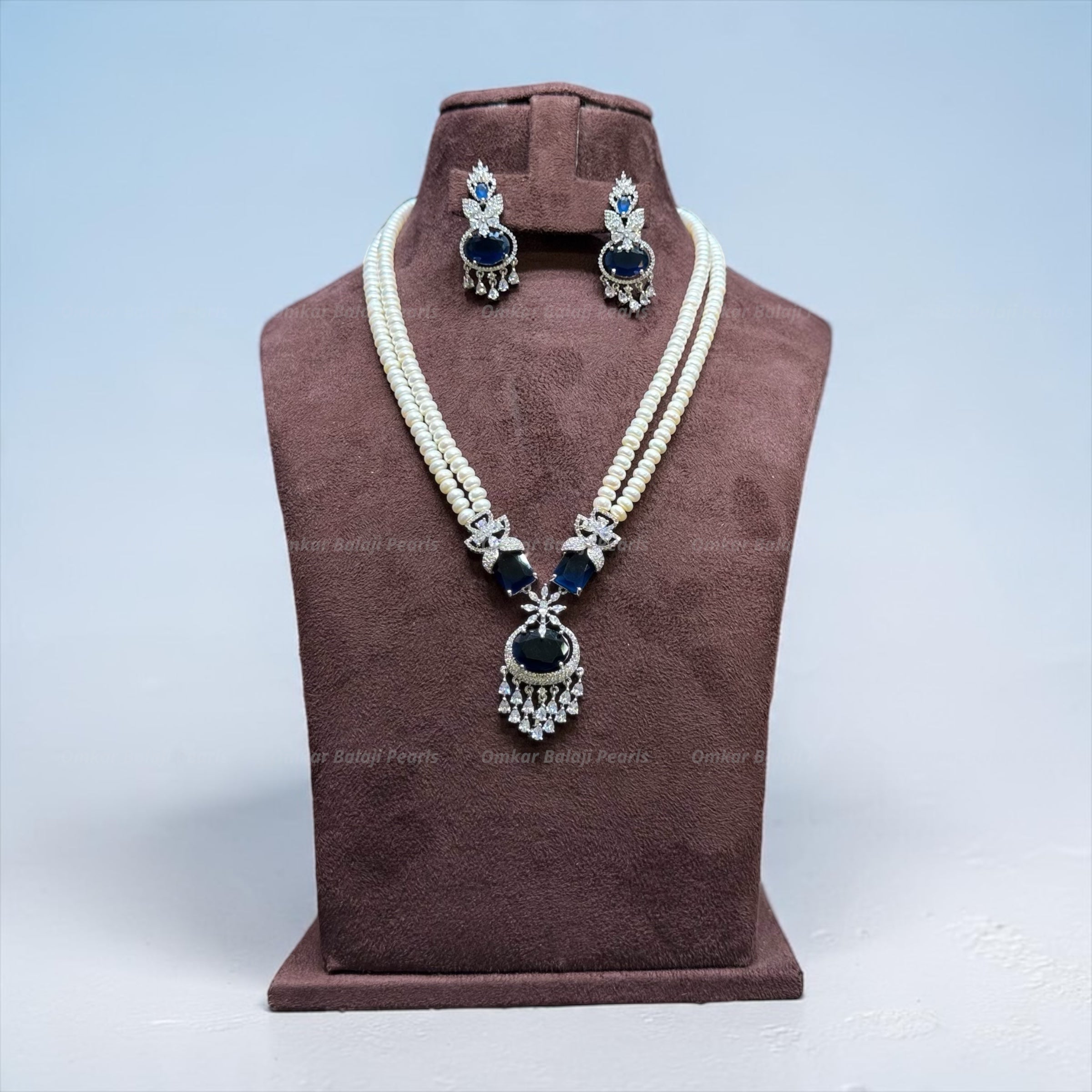Blue Designer Real Pearl Necklace Set with Luxurious Locket and Earrings