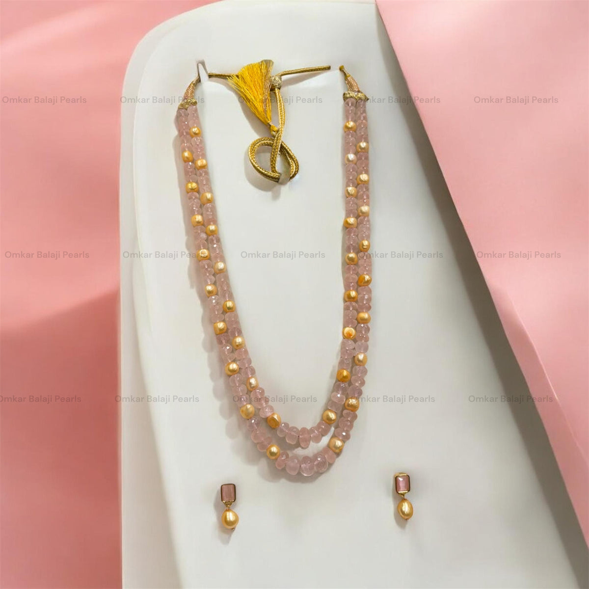 Real Rose Quartz & Golden Pearls Set