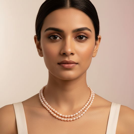 Pink Oval Shape 2 Layer Pearls Set