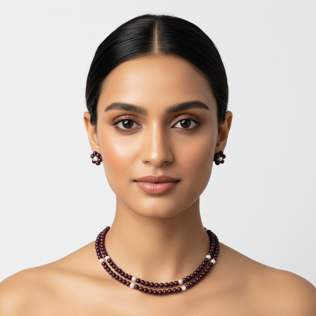 2 Layers Unique Color Pearls Set [ wine color ]