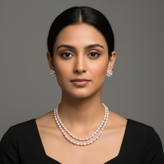 Pink Double Layer Oval Pearls Set With Flower Earrings