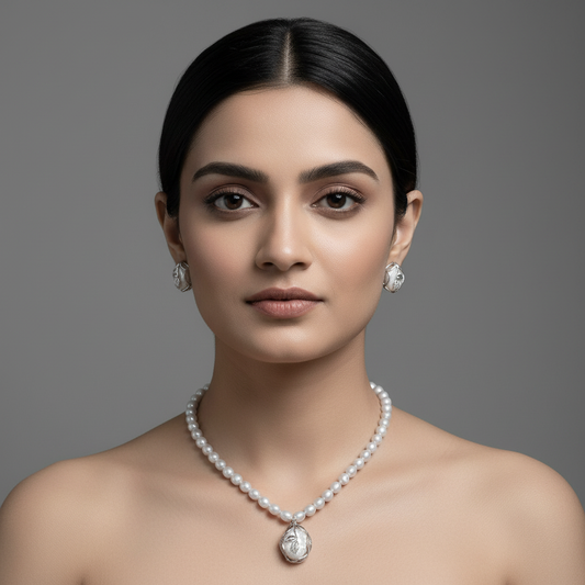 Barque Locket With Grey Pearls Set