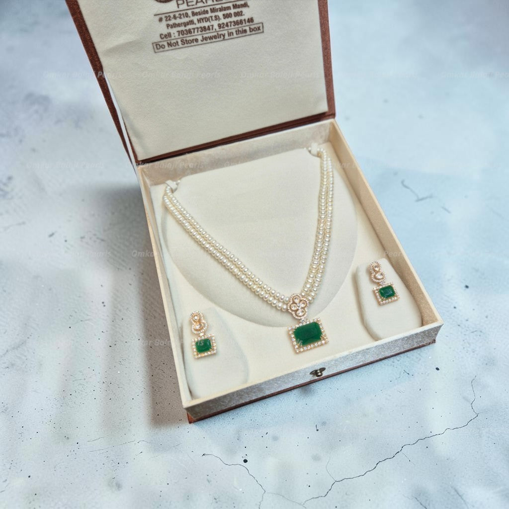 💚 ROYAL GREEN RECTANGLE LOCKET SET WITH DOUBLE LAYER PEARLS 💚