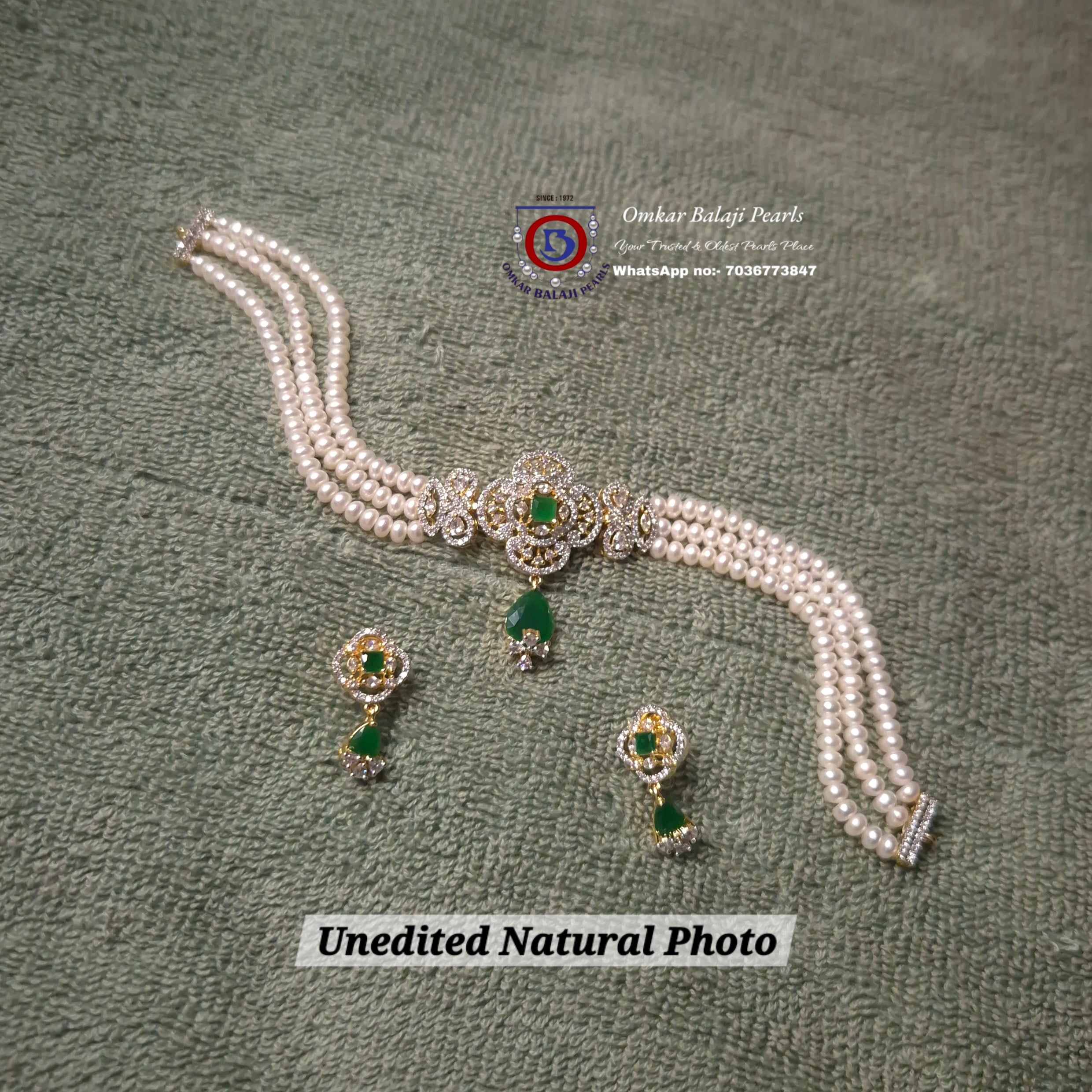 3-Line Real Pearl Choker Set with Green Onyx & CZ