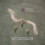 3-Line Real Pearl Choker Set with Green Onyx & CZ