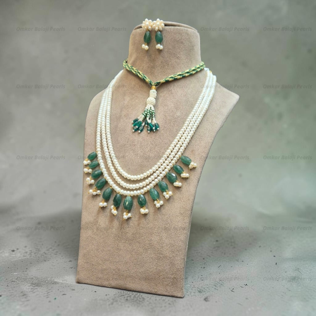 ✨ Exclusive Designer 3-Line Real Pearl & Beryl Emerald Set ✨