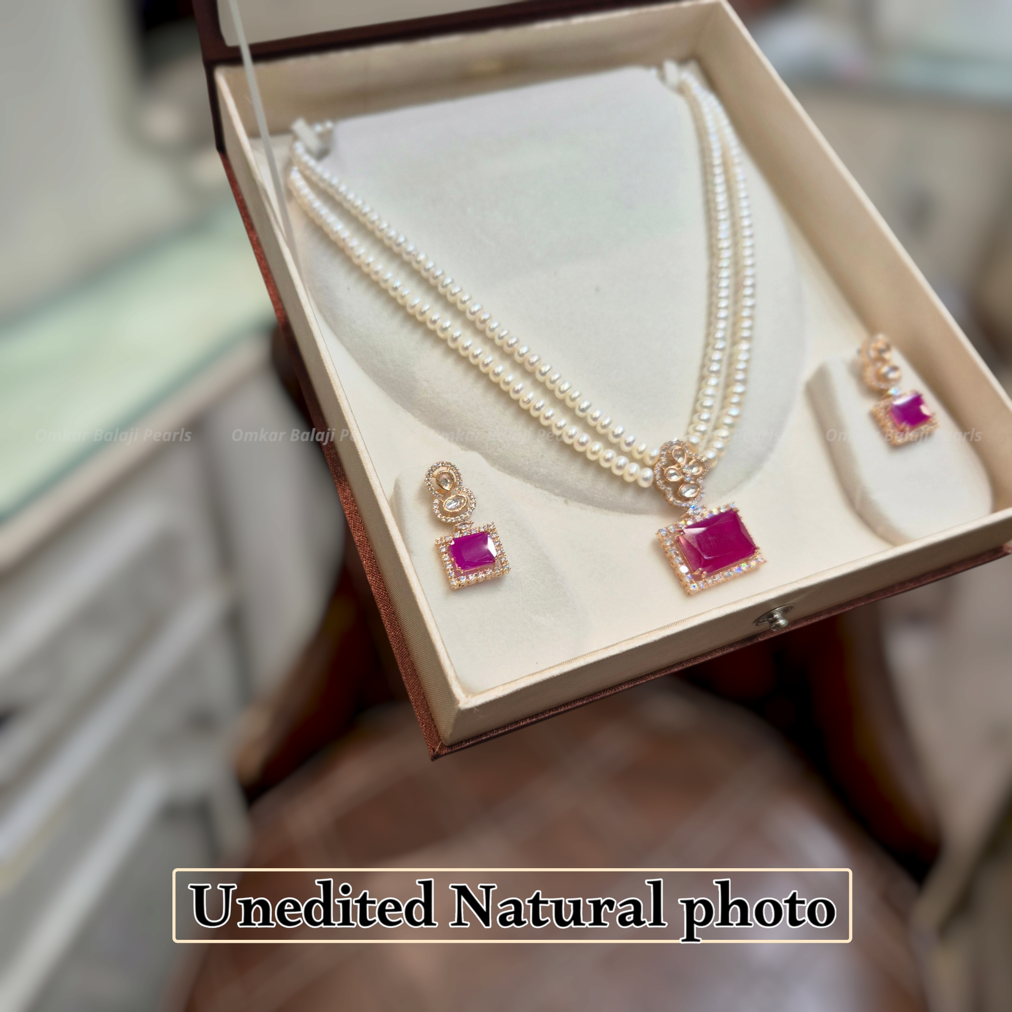Royal Red Rectangle Locket Set with Double Layer Pearls