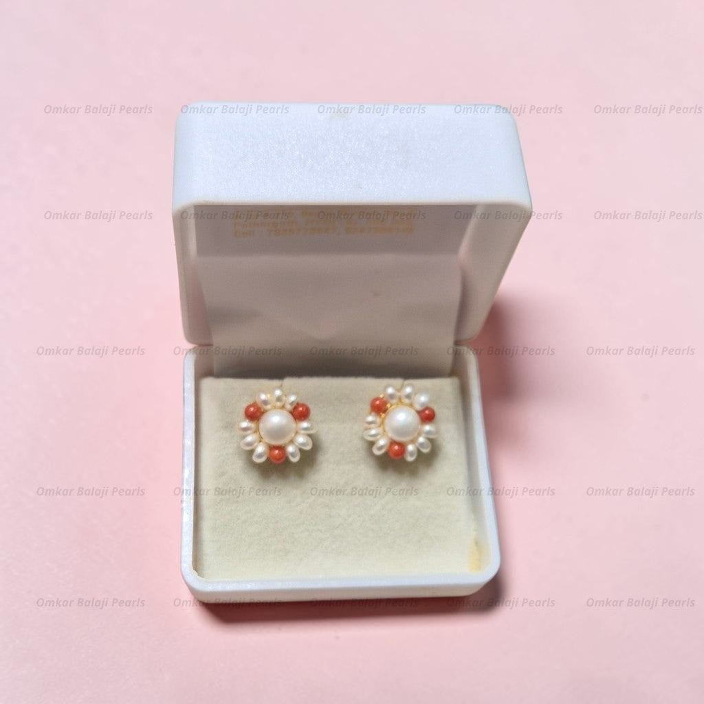 🌺 Coral Blossom Real Pearls Studs 🌺