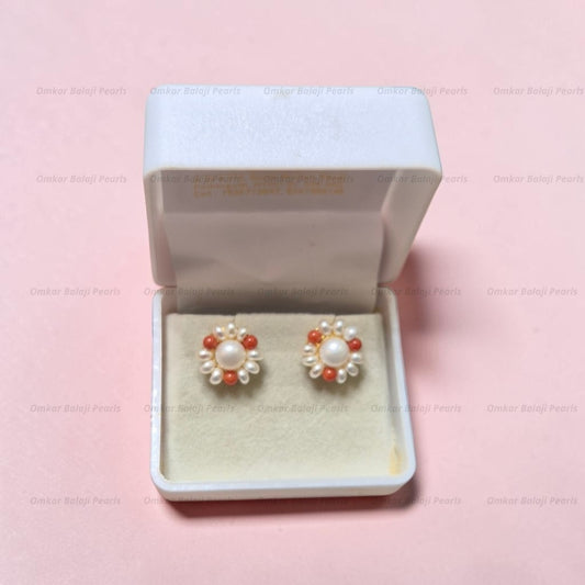 🌺 Coral Blossom Real Pearls Studs 🌺
