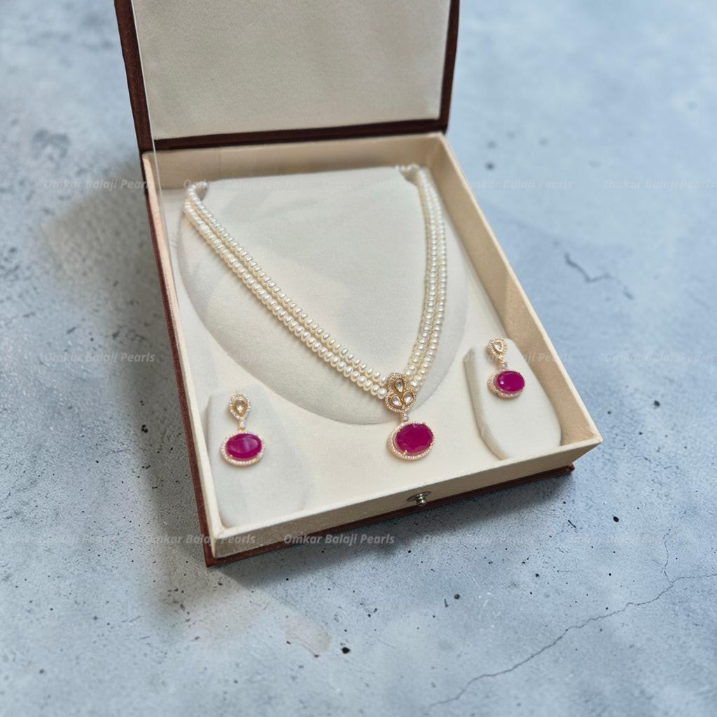 ❤️ Ruby Royale – Double Layer Pearl Set ✨