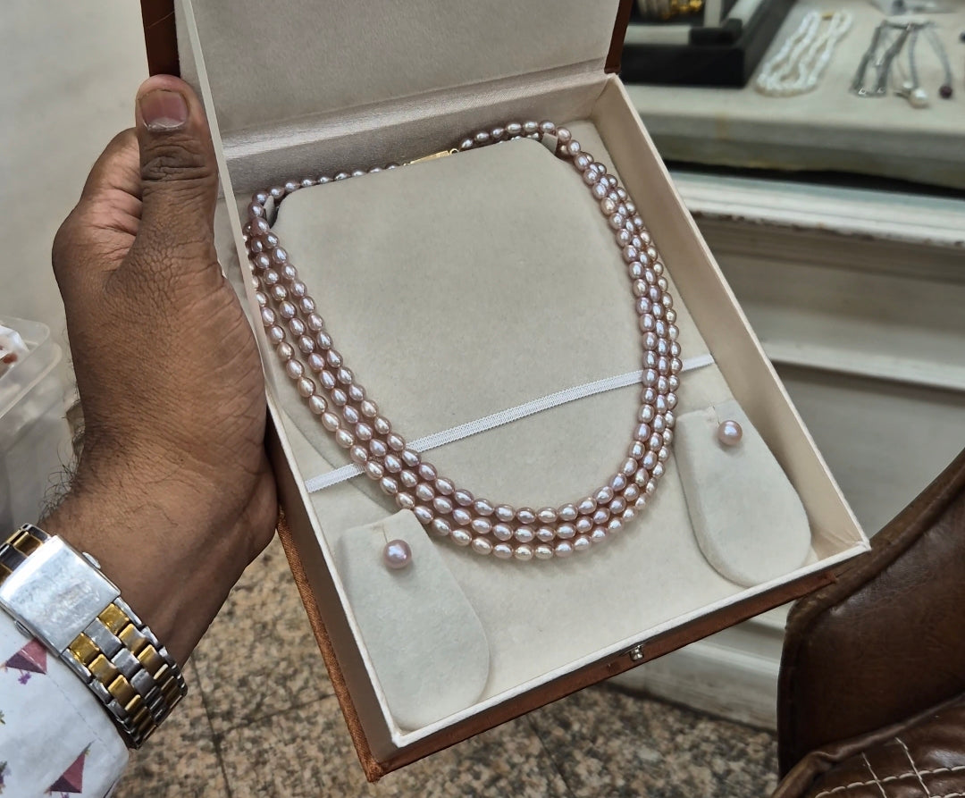 Lavender natural Pink Pearls 3 layer With Studs