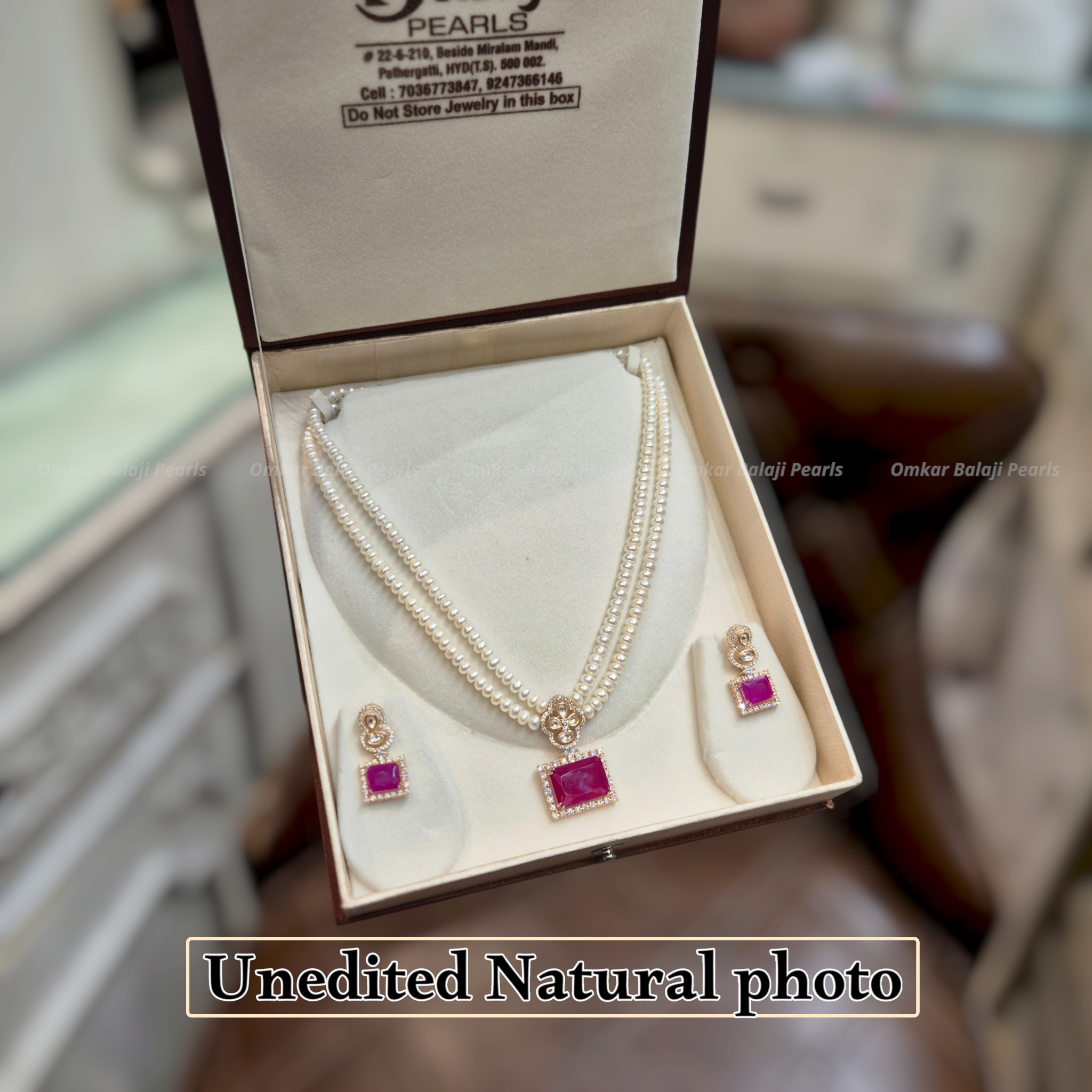 Royal Red Rectangle Locket Set with Double Layer Pearls