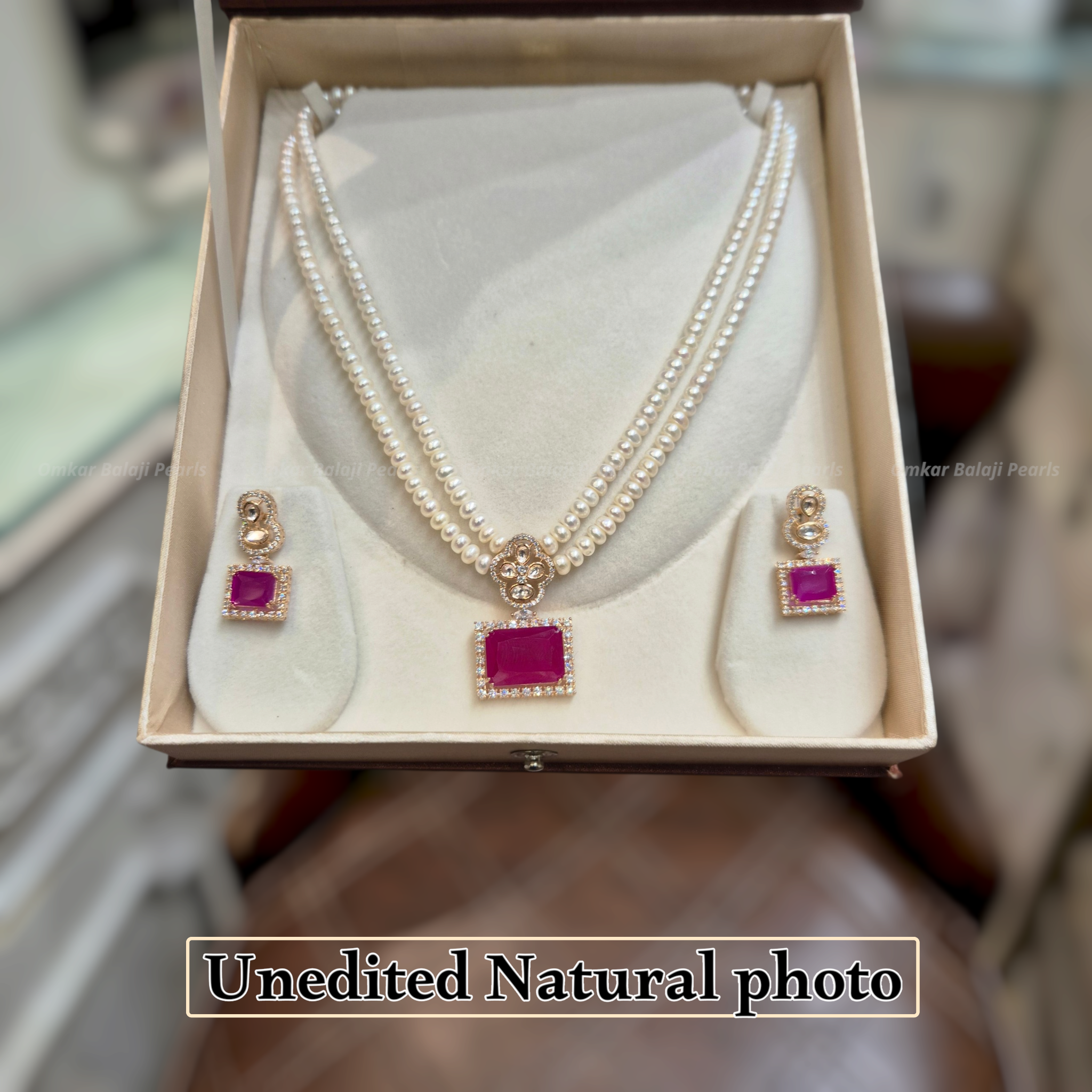 Royal Red Rectangle Locket Set with Double Layer Pearls