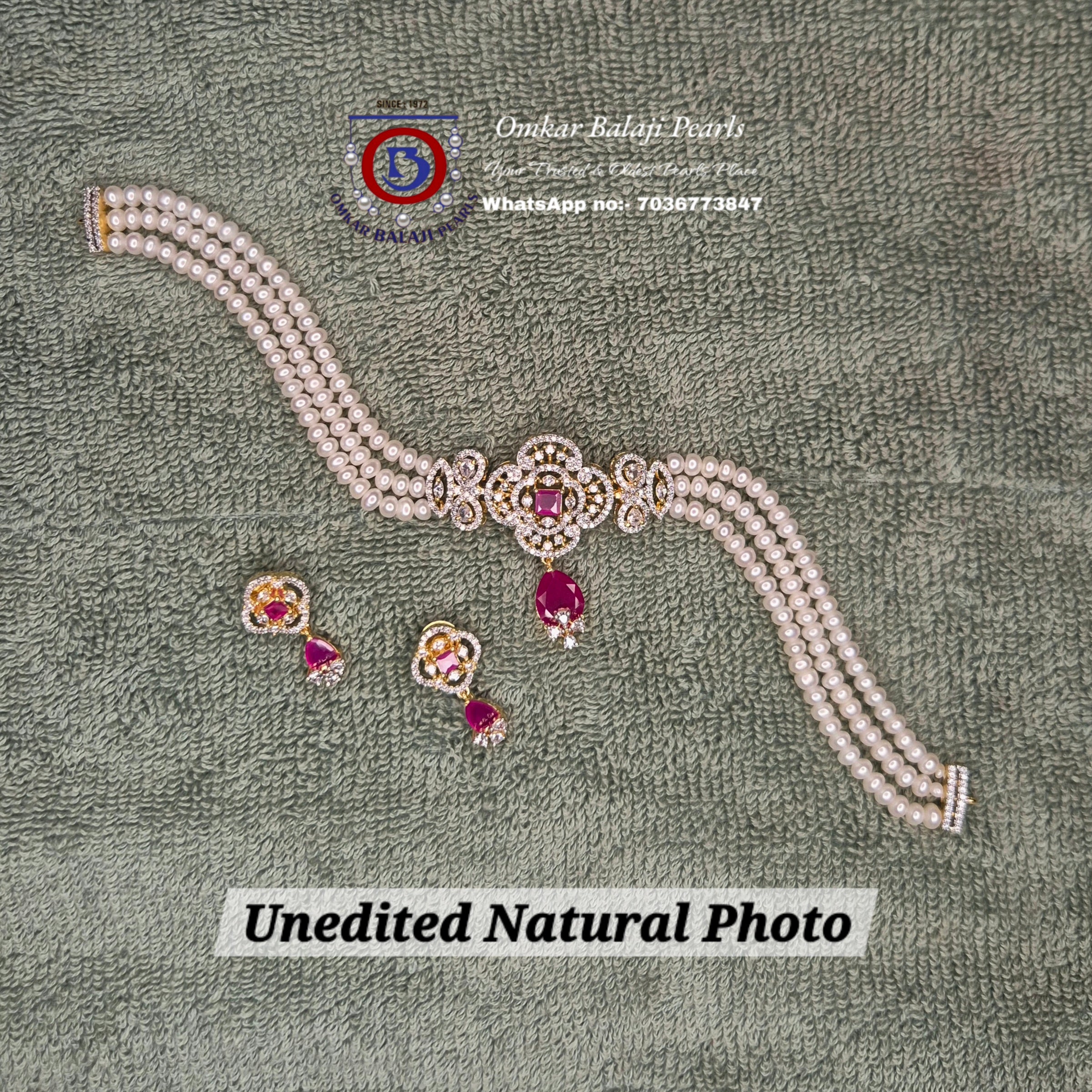 3-Line Real Pearl Choker Set with Red Onyx & CZ
