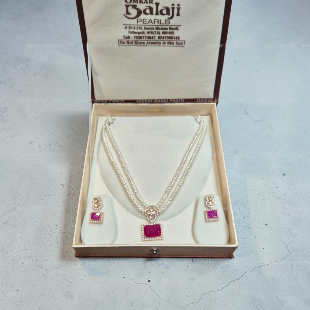 Royal Red Rectangle Locket Set with Double Layer Pearls