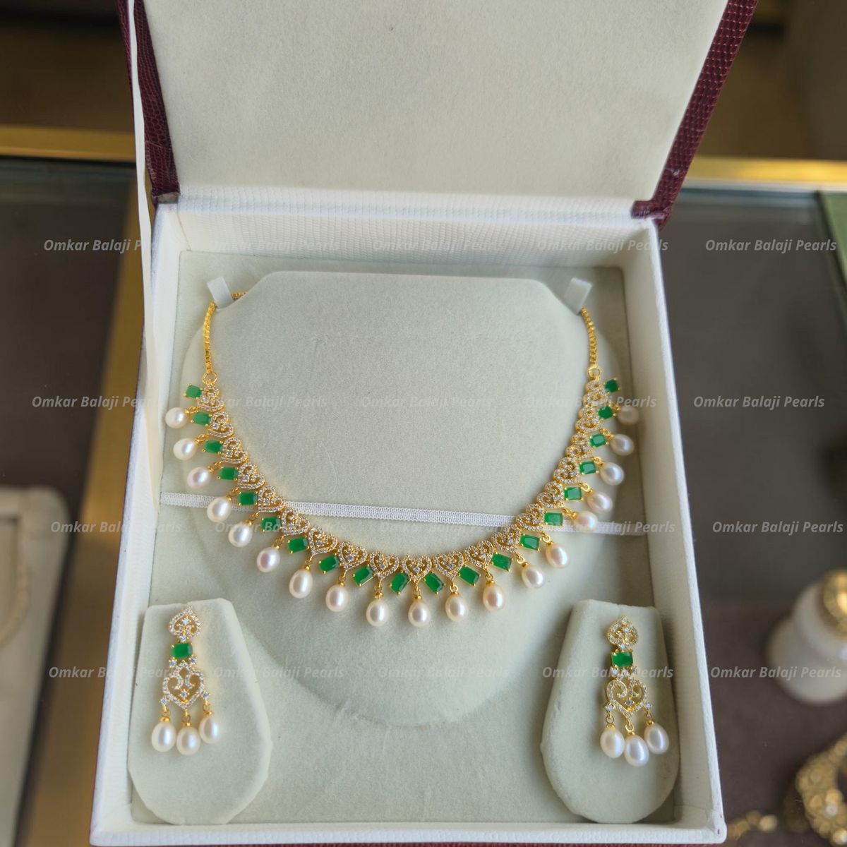 Green onyx & Real Pearls Necklace set