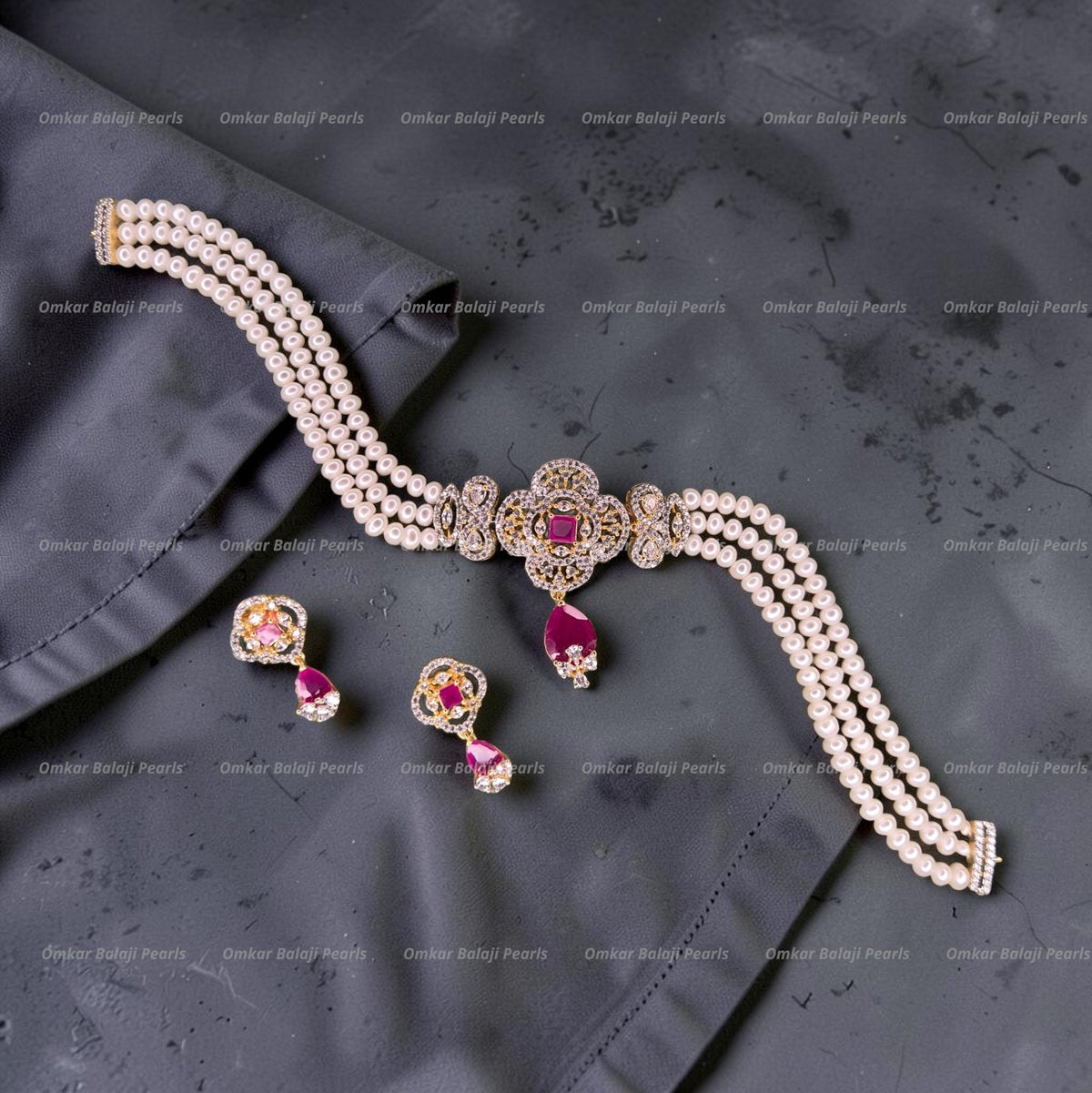 3-Line Real Pearl Choker Set with Red Onyx & CZ
