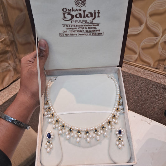 Nizami Real Pearl Set with Royal Blue Accents