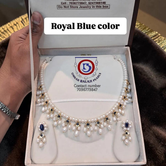Nizami Real Pearl Set with Royal Blue Accents