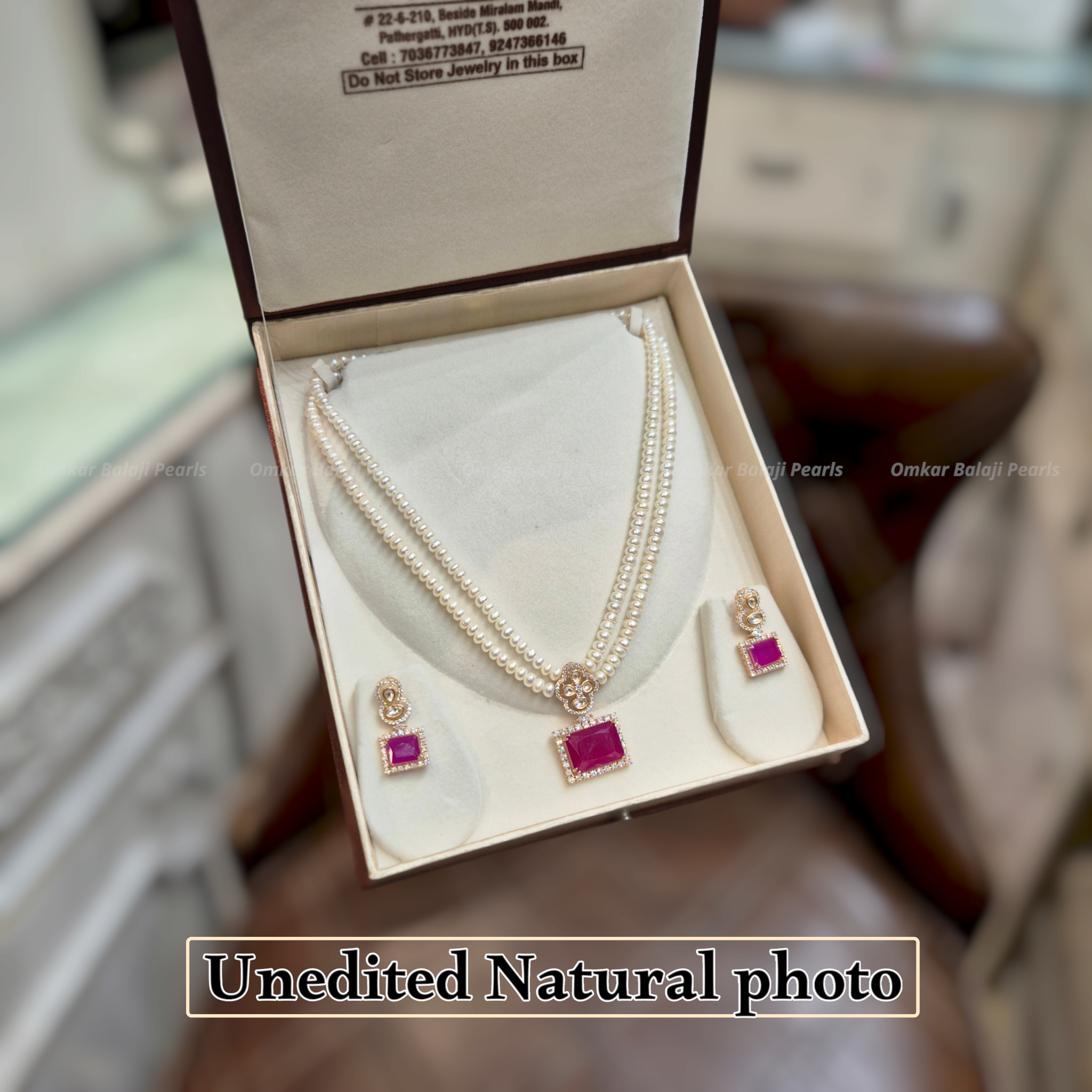 Royal Red Rectangle Locket Set with Double Layer Pearls