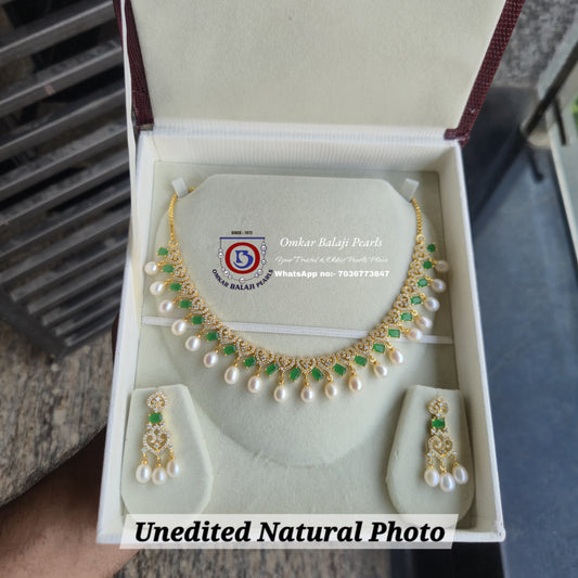 Green onyx & Real Pearls Necklace set