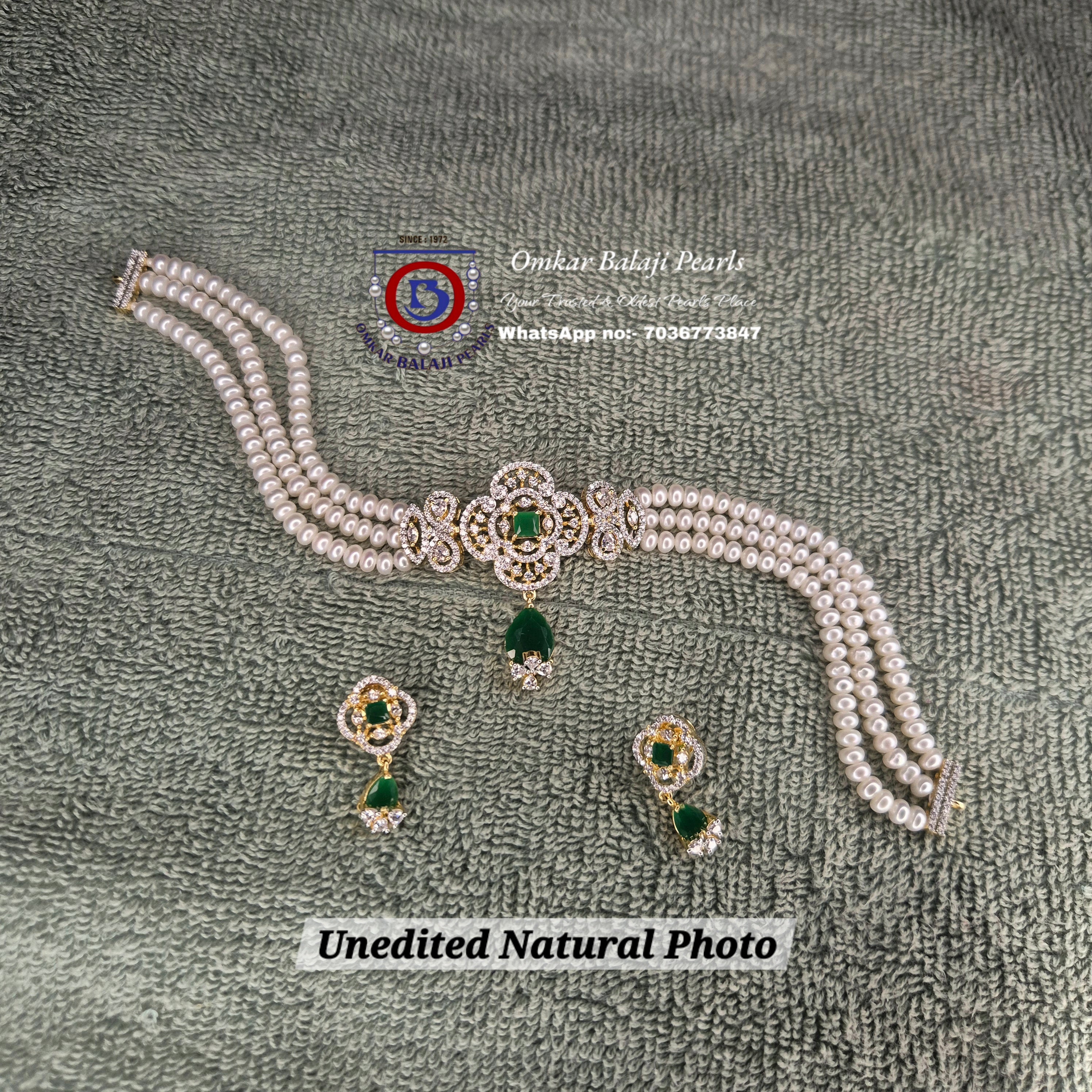 3-Line Real Pearl Choker Set with Green Onyx & CZ