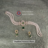 3-Line Real Pearl Choker Set with Green Onyx & CZ