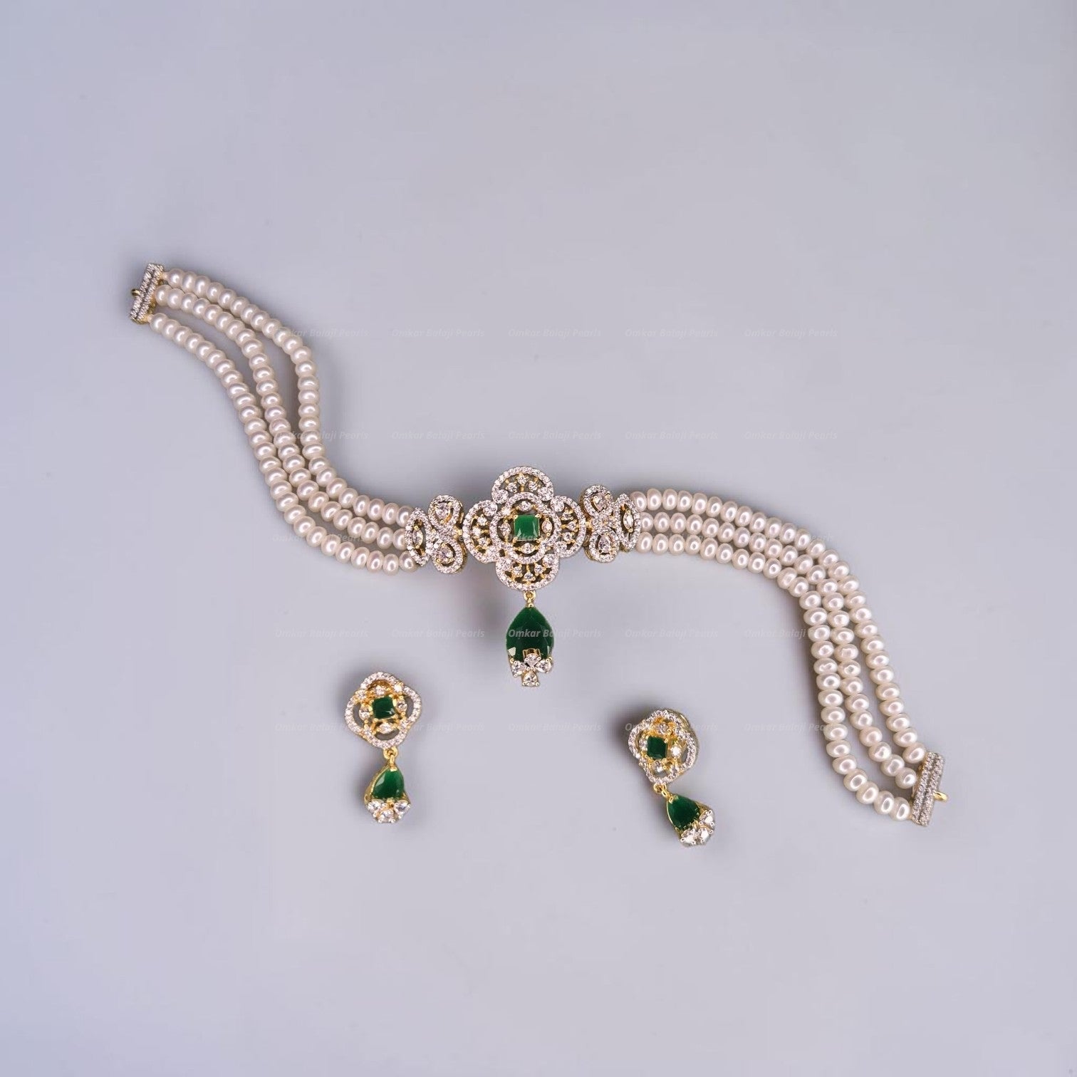 3-Line Real Pearl Choker Set with Green Onyx & CZ