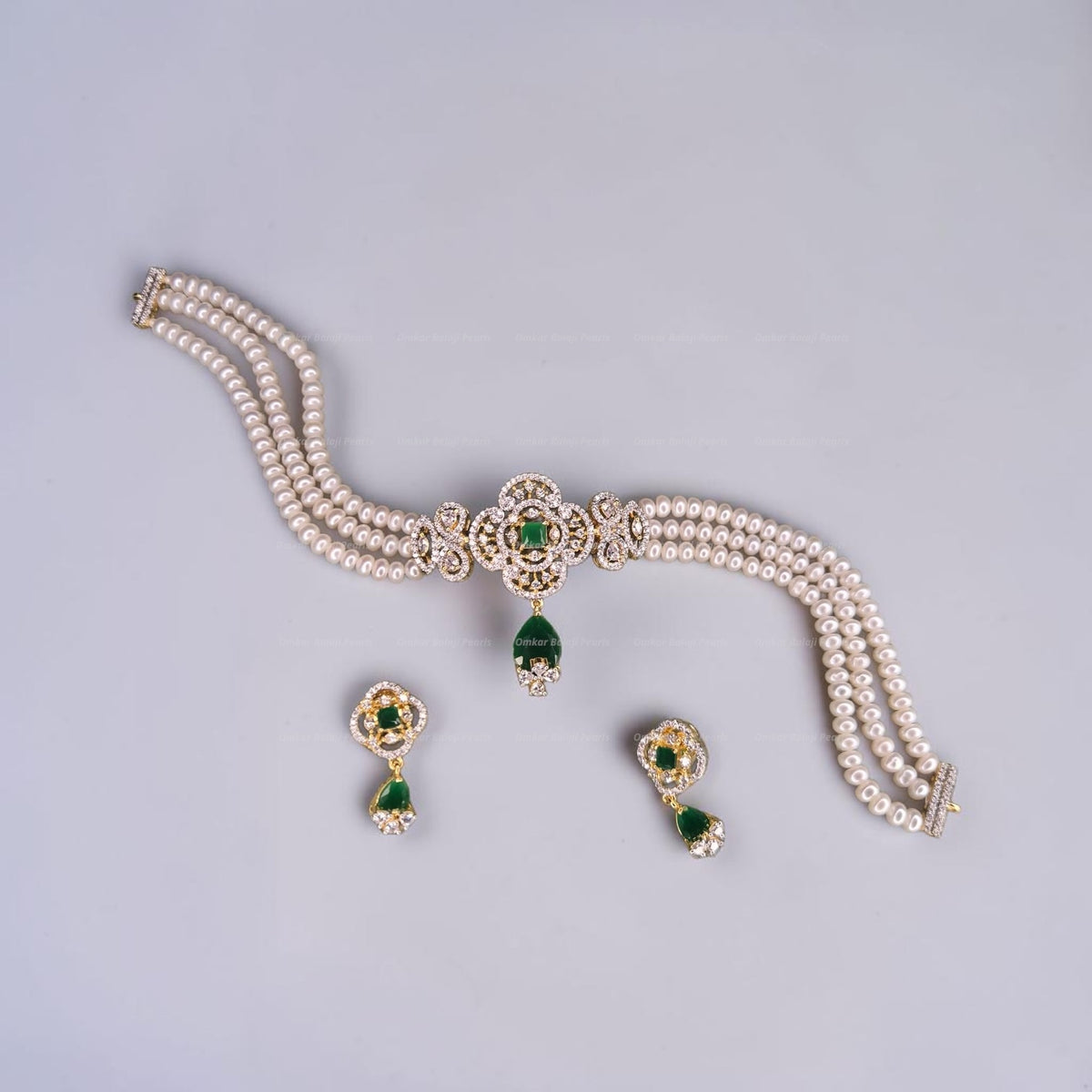 3-Line Real Pearl Choker Set with Green Onyx & CZ