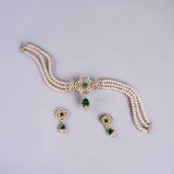 3-Line Real Pearl Choker Set with Green Onyx & CZ